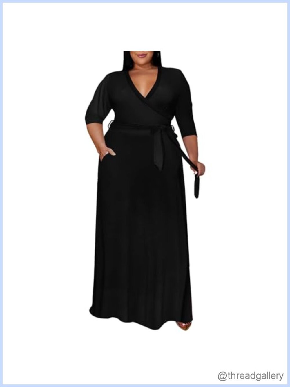 Plus Size Maxi Dress 3/4 Sleeve Wrap V-Neck Belted Ruffled Hem